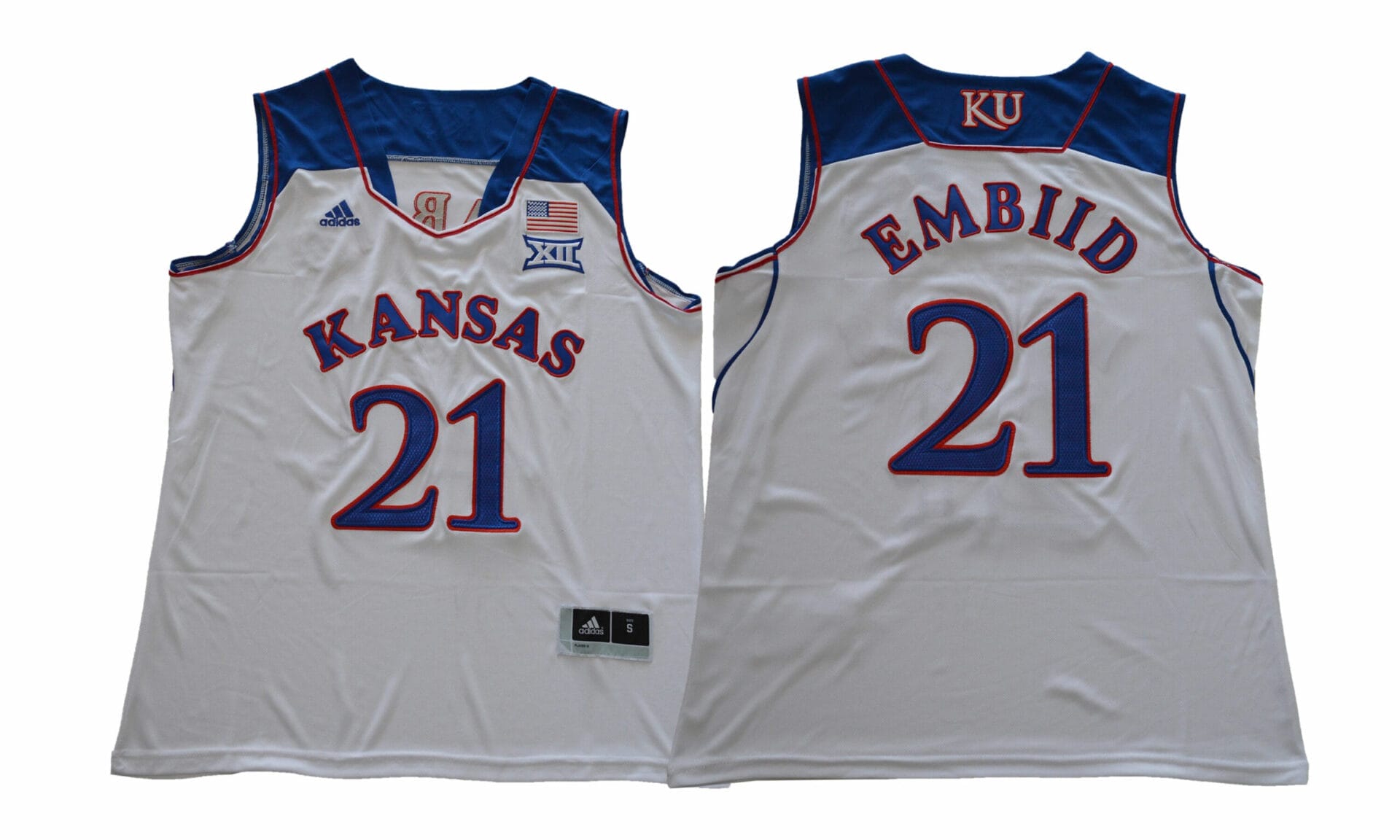 Kansas Jayhawks #21 Embiid NCAA Basketball Jersey White 1 Kansas Jayhawks #21 Embiid NCAA Basketball Jersey White