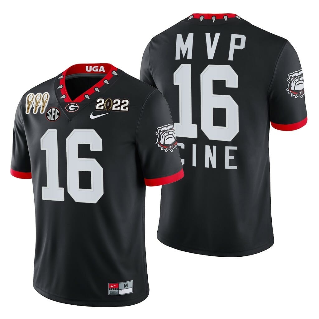 Georgia Bulldogs #16 Lewis Cine 2021-22 CFP National Champions MVP Jersey Black 1 Georgia Bulldogs #16 Lewis Cine 2021-22 CFP National Champions MVP Jersey Black