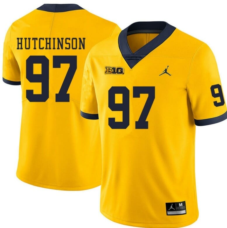Michigan Wolverines #97 Aidan Hutchinson Yellow College Football Jersey 1 Michigan Wolverines #97 Aidan Hutchinson Yellow College Football Jersey