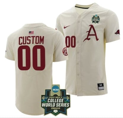 Custom Arkansas Razorbacks Baseball Jersey Name and Number NCAA 2022 College World Series White 6 Custom Arkansas Razorbacks Baseball Jersey Name and Number NCAA 2022 College World Series White
