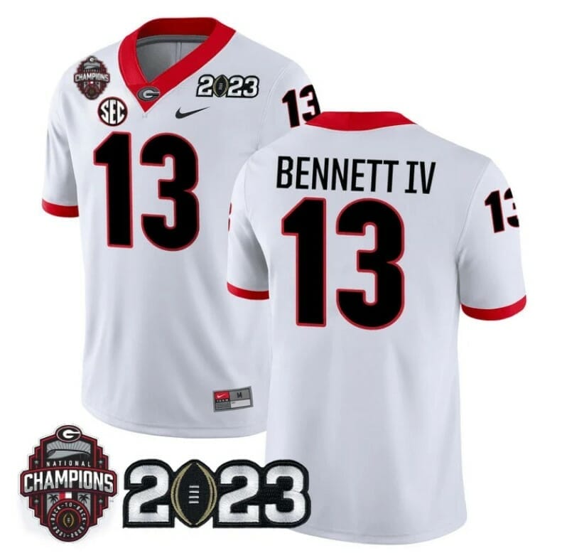 Georgia Bulldogs Stetson Bennett Jersey #13 CFP National Champions Patch 2023 – All Stitched White 1 Georgia Bulldogs Stetson Bennett Jersey #13 CFP National Champions Patch 2023 – All Stitched White