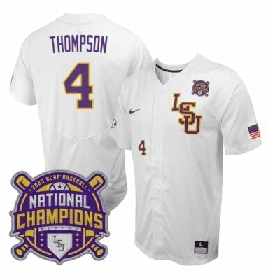 Lsu Tigers Jordan Thompson Jersey #4 National Champions NCAA College Baseball Stitched White 6 Lsu Tigers Jordan Thompson Jersey #4 National Champions NCAA College Baseball Stitched White