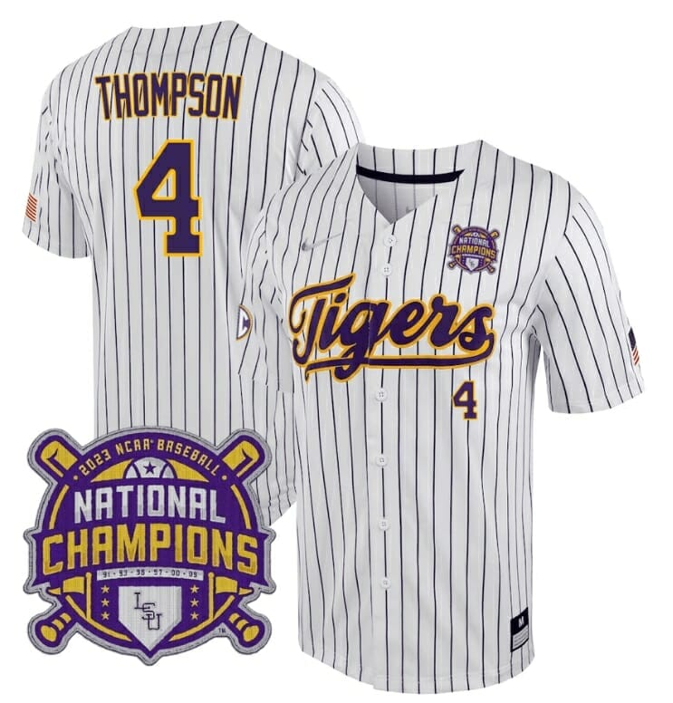 Lsu Tigers Jordan Thompson Jersey #4 National Champions NCAA College Baseball Stitched White Stripe 1 Lsu Tigers Jordan Thompson Jersey #4 National Champions NCAA College Baseball Stitched White Stripe