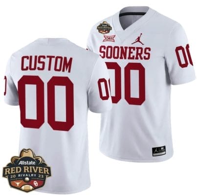 Custom Oklahoma Sooners Jersey Name and Number 2023 Allstate Red River Rivalry White Football 8 Custom Oklahoma Sooners Jersey Name and Number 2023 Allstate Red River Rivalry White Football