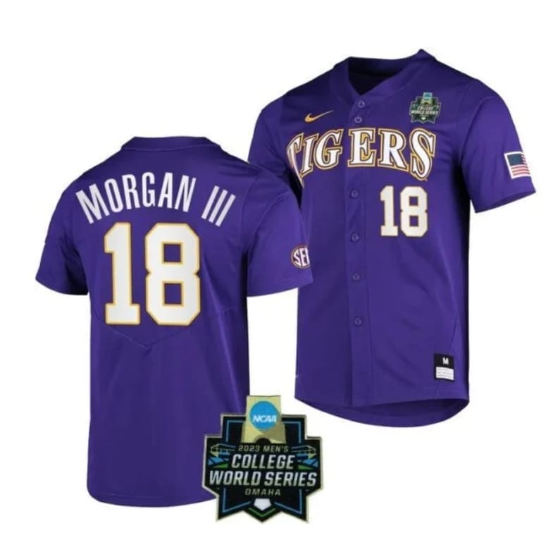 Lsu Tigers Tre Morgan Jersey #18 World Series 2023 College Baseball Stitched Purple 1 Lsu Tigers Tre Morgan Jersey #18 World Series 2023 College Baseball Stitched Purple