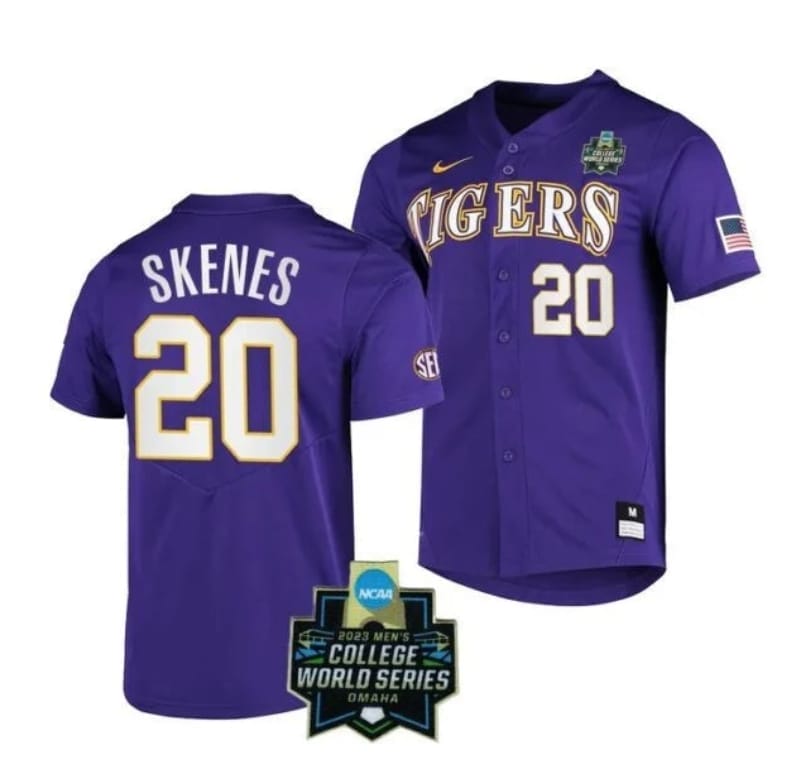 Lsu Tigers Paul Skenes Jersey #20 World Series 2023 NCAA College Baseball Stitched Purple 1 Lsu Tigers Paul Skenes Jersey #20 World Series 2023 NCAA College Baseball Stitched Purple