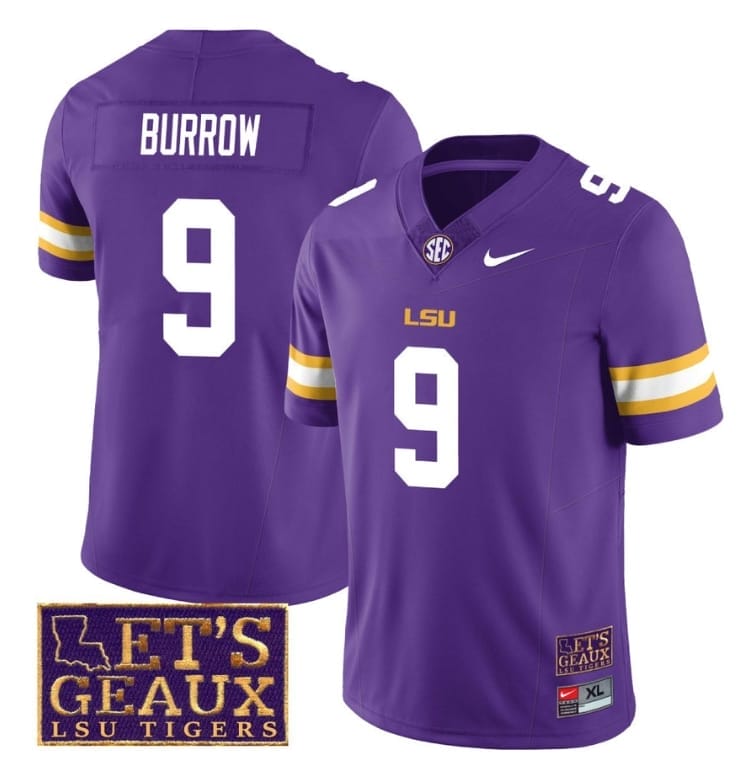 Lsu Tigers Joe Burrow Jersey #9 College Football Let's Geaux Patch Stitched Purple 1 Lsu Tigers Joe Burrow Jersey #9 College Football Let's Geaux Patch Stitched Purple