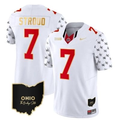Ohio State Buckeyes CJ Stroud Jersey #7 College Football Stitched Alternate White Gold Trim 8 Ohio State Buckeyes CJ Stroud Jersey #7 College Football Stitched Alternate White Gold Trim