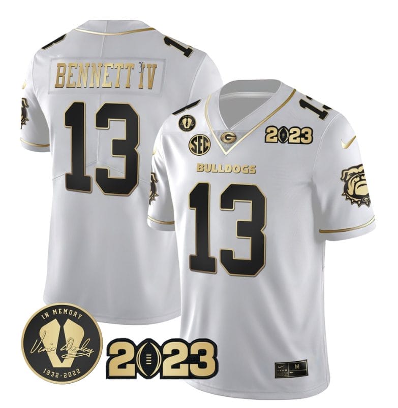 Stetson Bennett Jersey #13 Georgia Bulldogs Football White Gold All Stitched 1 Stetson Bennett Jersey #13 Georgia Bulldogs Football White Gold All Stitched
