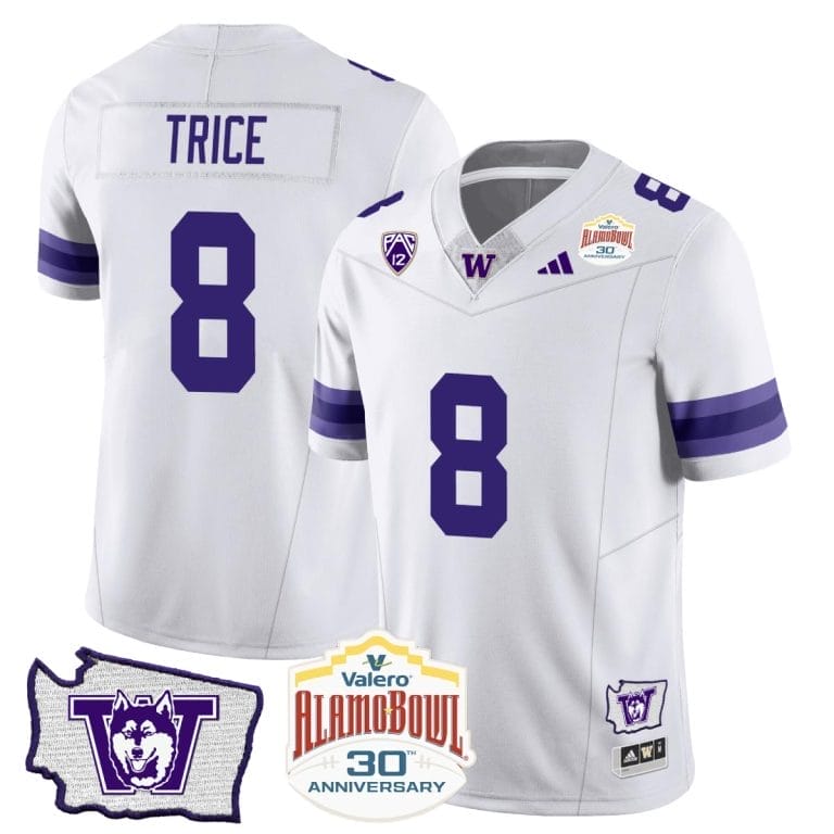Bralen Trice Jersey #8 Washington Huskies Alamo Bowl Patch Football White 1 Bralen Trice Jersey #8 Washington Huskies Alamo Bowl Patch Football White