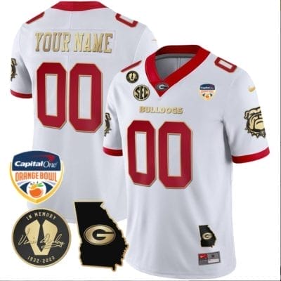 Custom Georgia Bulldogs Jersey Name and Number Orange Bowl Patch Football White Gold Trim 8 Custom Georgia Bulldogs Jersey Name and Number Orange Bowl Patch Football White Gold Trim