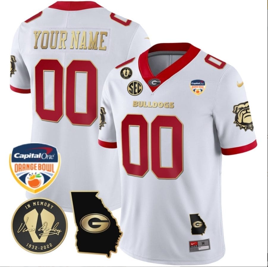 Custom Georgia Bulldogs Jersey Name and Number Orange Bowl Patch Football White Gold Trim 1 Custom Georgia Bulldogs Jersey Name and Number Orange Bowl Patch Football White Gold Trim