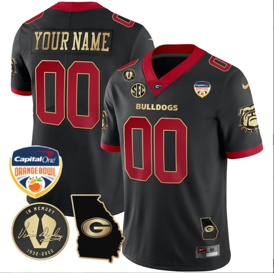 Custom Georgia Bulldogs Jersey Name and Number Orange Bowl Patch Football Black Gold Trim 1 Custom Georgia Bulldogs Jersey Name and Number Orange Bowl Patch Football Black Gold Trim
