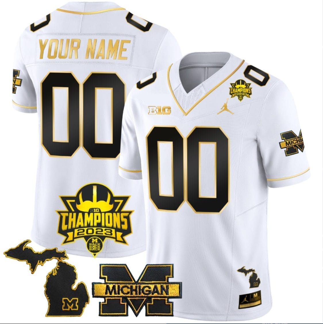 Custom Michigan Wolverines Jersey Name and Number 2023 Big Ten Champions Patch White Gold 1 Custom Michigan Wolverines Jersey Name and Number 2023 Big Ten Champions Patch White Gold