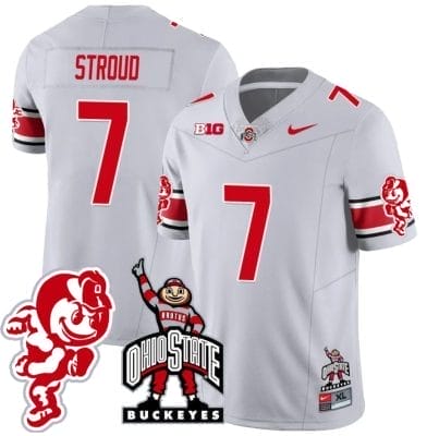CJ Stroud Jersey #7 Ohio State Buckeyes Football Stitched Brutus Buckeye Patch Gray 8 CJ Stroud Jersey #7 Ohio State Buckeyes Football Stitched Brutus Buckeye Patch Gray