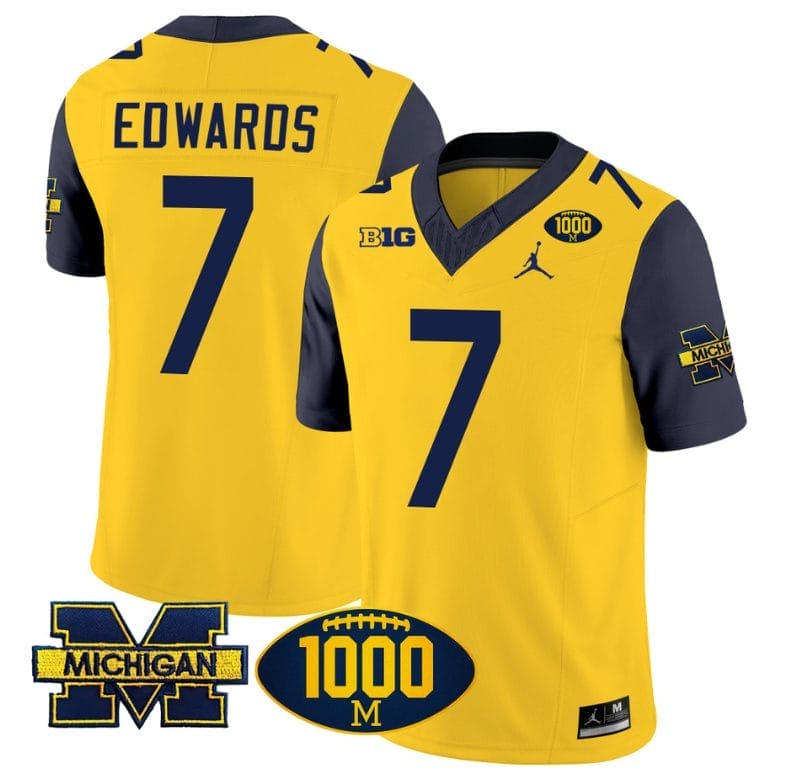 Donovan Edwards Jersey #7 Michigan Wolverines 1000 Wins Patch Vapor College Football Navy Sleeves 1 Donovan Edwards Jersey #7 Michigan Wolverines 1000 Wins Patch Vapor College Football Navy Sleeves