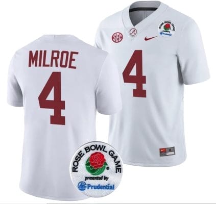 Jalen Milroe Jersey #4 Alabama Crimson Tide Rose Bowl Game 2024 Patch College Football Playoff White 8 Jalen Milroe Jersey #4 Alabama Crimson Tide Rose Bowl Game 2024 Patch College Football Playoff White