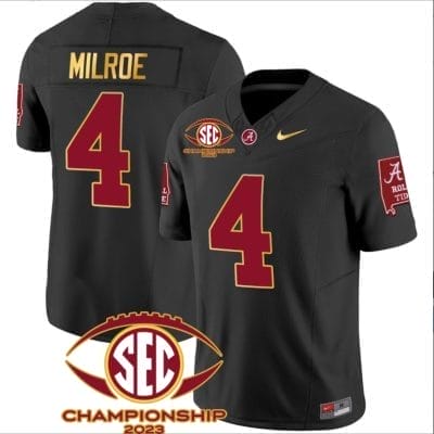 Jalen Milroe Jersey #4 Alabama Crimson SEC Championship 2023 Patch Vapor Gold Football Black 8 Jalen Milroe Jersey #4 Alabama Crimson SEC Championship 2023 Patch Vapor Gold Football Black