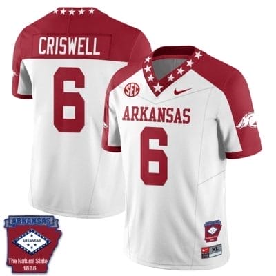 Jacolby Criswell Jersey #6 Arkansas Razorback Football Arkansas State Patch White Alternate 10 Jacolby Criswell Jersey #6 Arkansas Razorback Football Arkansas State Patch White Alternate