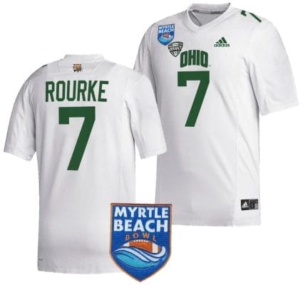 Kurtis Rourke Jersey #7 Ohio Bobcats 2023 Myrtle Beach Bowl Patch MVP Football White 8 Kurtis Rourke Jersey #7 Ohio Bobcats 2023 Myrtle Beach Bowl Patch MVP Football White