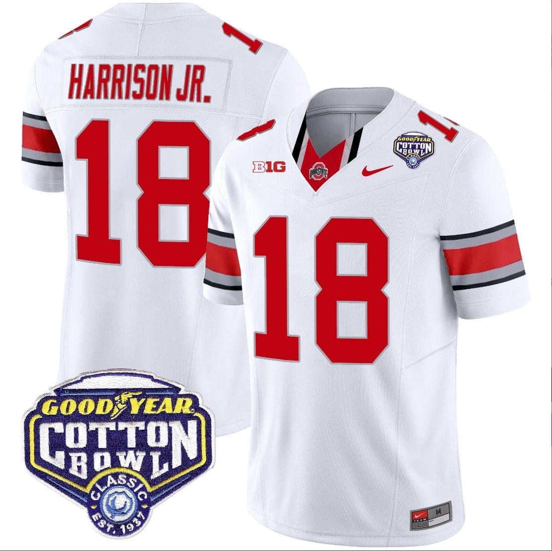 Marvin Harrison Jr Jersey #18 Ohio State Buckeyes Cotton Bowl Patch Vapor Football White 1 Marvin Harrison Jr Jersey #18 Ohio State Buckeyes Cotton Bowl Patch Vapor Football White