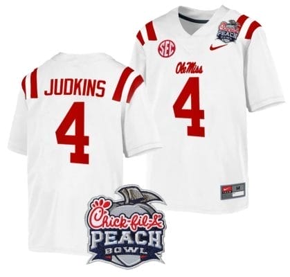 Quinshon Judkins Jersey #4 Ole Miss Rebels Peach Bowl Patch 2024 College Football White 8 Quinshon Judkins Jersey #4 Ole Miss Rebels Peach Bowl Patch 2024 College Football White