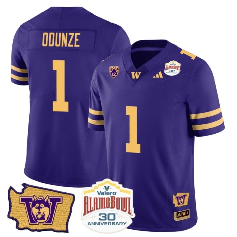 Rome Odunze Jersey #1 Washington Huskies Alamo Bowl Patch Football Purple Gold 1 Rome Odunze Jersey #1 Washington Huskies Alamo Bowl Patch Football Purple Gold
