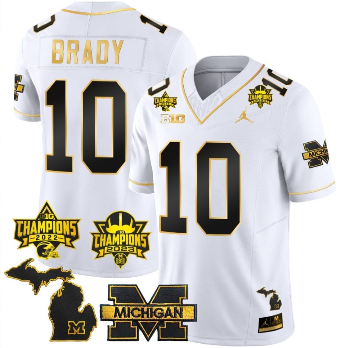 Tom Brady Jersey #9 Michigan Wolverines 2023 Big Ten Back to Back Champions Patch Stitched White Gold 1 Tom Brady Jersey #9 Michigan Wolverines 2023 Big Ten Back to Back Champions Patch Stitched White Gold