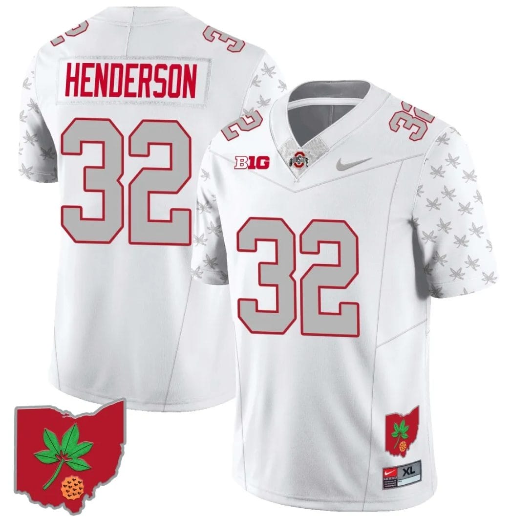 TreVeyon Henderson Jersey #32 Ohio State Buckeyes Football Stitched Ohio Map Patch White 1 TreVeyon Henderson Jersey #32 Ohio State Buckeyes Football Stitched Ohio Map Patch White