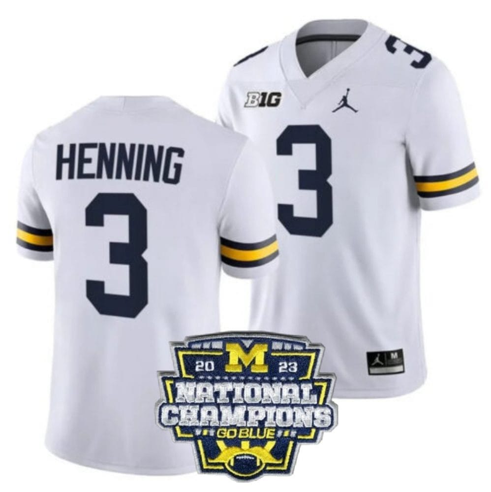 Aj Henning Jersey #3 Michigan Wolverines Football 2023 National Champions Patch White 1 Aj Henning Jersey #3 Michigan Wolverines Football 2023 National Champions Patch White