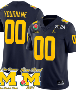 Custom Michigan Wolverines Jersey Name and Number Vapor Rose Bowl + 2024 CFP + Big Ten Champs Patch Football Navy