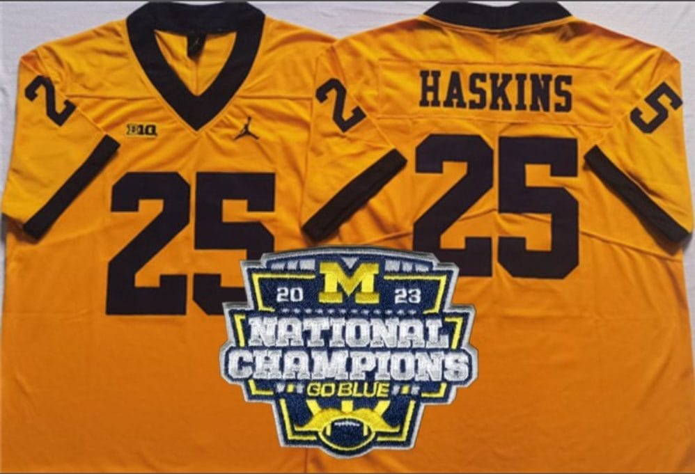Hassan Haskins Jersey #25 Michigan Wolverines Football 2023 National Champions Patch Yellow 1 Hassan Haskins Jersey #25 Michigan Wolverines Football 2023 National Champions Patch Yellow