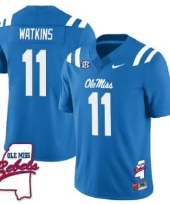 Jordan Watkins Jersey #11 Ole Miss Rebels Football Ole Map All Stitched Blue