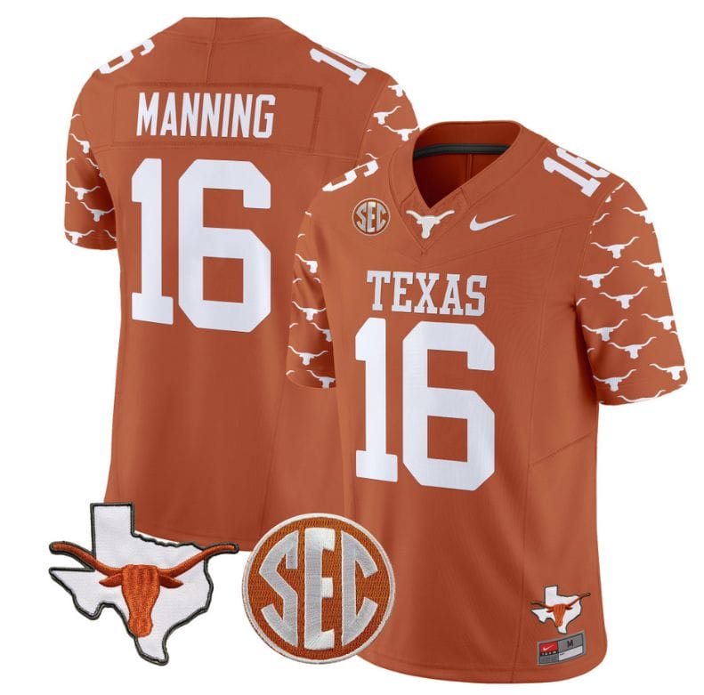 Arch Manning Jersey #16 Texas Longhorns State Map and Sec Patch Vapor Limited College Football Stitched Texas Orange 8 Arch Manning Jersey #16 Texas Longhorns State Map and Sec Patch Vapor Limited College Football Stitched Texas Orange