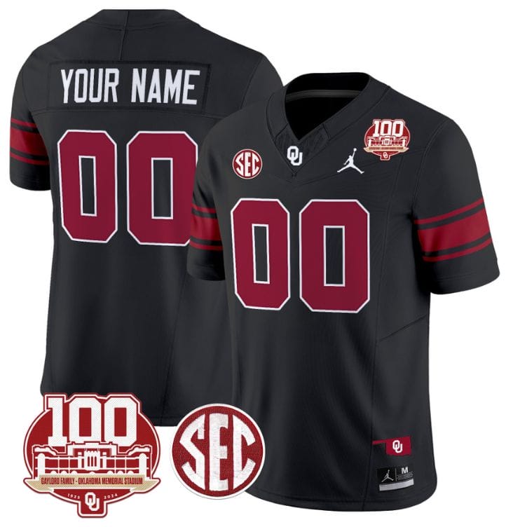 Custom Oklahoma Sooners Jersey Name and Number 100th Anniversary Patch Vapor Limited College Football Stitched Black 8 Custom Oklahoma Sooners Jersey Name and Number 100th Anniversary Patch Vapor Limited College Football Stitched Black