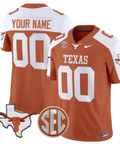 Custom Texas Longhorns Jersey Name and Number State Map and Sec Patch Vapor Limited College Football Stitched Orange Alternate