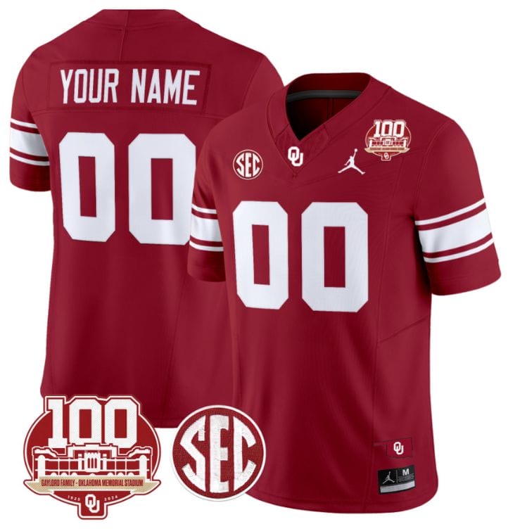 Custom Oklahoma Sooners Jersey Name and Number 100th Anniversary Patch Vapor Limited College Football Stitched Crimson 8 Custom Oklahoma Sooners Jersey Name and Number 100th Anniversary Patch Vapor Limited College Football Stitched Crimson