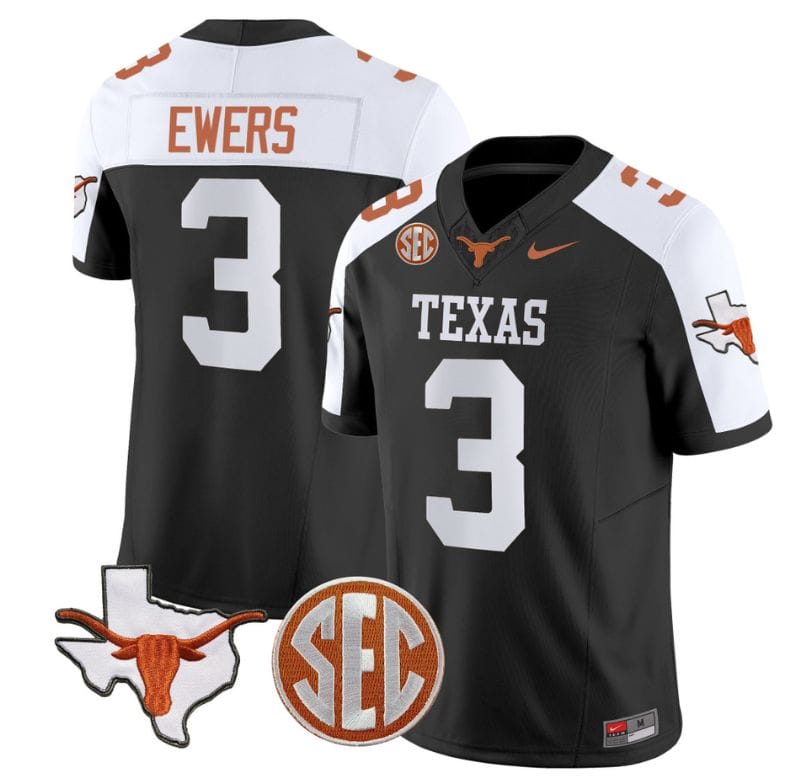 Quinn Ewers Jersey #3 Texas Longhorns State Map and Sec Patch Vapor Limited College Football Stitched Black Alternate 8 Quinn Ewers Jersey #3 Texas Longhorns State Map and Sec Patch Vapor Limited College Football Stitched Black Alternate