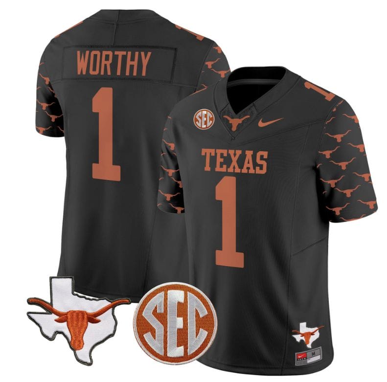 Xavier Worthy Jersey #1 Texas Longhorns State Map and Sec Patch Vapor Limited College Football Stitched Black 8 Xavier Worthy Jersey #1 Texas Longhorns State Map and Sec Patch Vapor Limited College Football Stitched Black