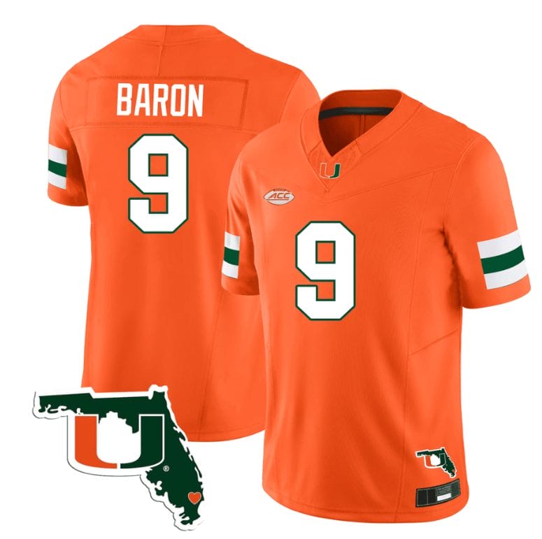 Tyler Baron Jersey #9 Miami Hurricanes Florida Map College Football Stitched Orange 8 Tyler Baron Jersey #9 Miami Hurricanes Florida Map College Football Stitched Orange