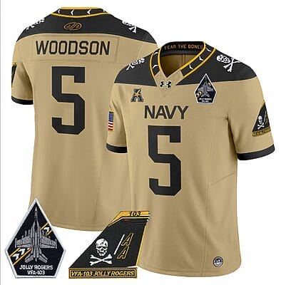 Braxton Woodson Jersey #5 Navy Midshipmen 2024 Jolly Rogers Patch Gold 8 Braxton Woodson Jersey #5 Navy Midshipmen 2024 Jolly Rogers Patch Gold