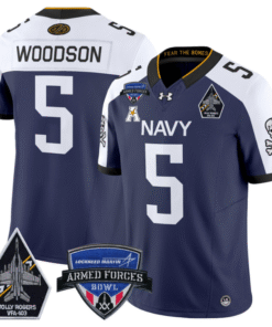 Alternative view of Braxton Woodson Jersey #5 Navy Midshipmen 2025 Armed Forces Bowl All Stitched Football